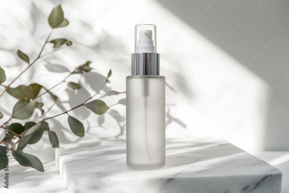A sleek, frosted glass skincare bottle with a silver pump, placed on a luxurious white marble slab A sleek, frosted glass skincare bottle with a silver pump, placed on a luxurious white marble slab