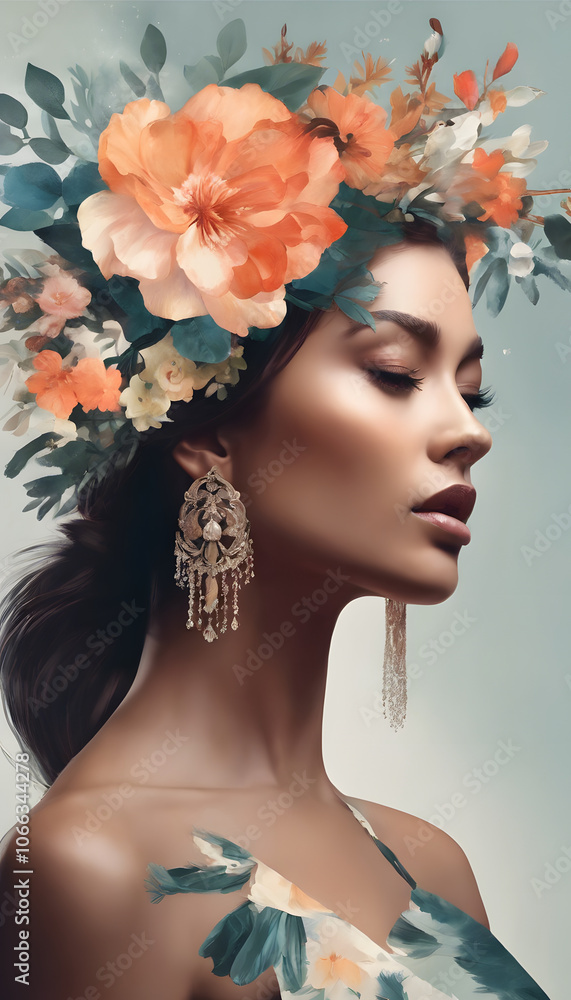 A serene portrait of a woman with dark hair adorned with a crown of large, colorful flowers, set against a soft, blurred background. A serene portrait of a woman with dark hair adorned with a crown of large, colorful flowers, set against a soft, blurred background.
