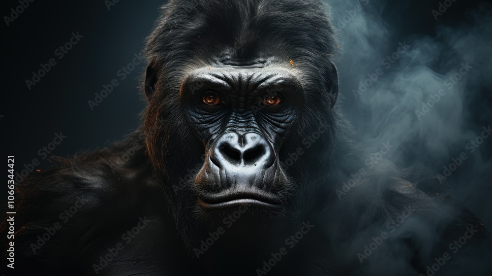 Close-up portrait of a powerful gorilla with piercing eyes, surrounded by smoke and sparks, against a dark background. Close-up portrait of a powerful gorilla with piercing eyes, surrounded by smoke and sparks, against a dark background.