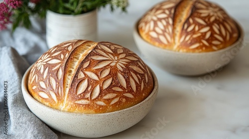 Two Artisan Bread Loaves with Intricate Leaf and Flower Designs Baked in White Bowls photo