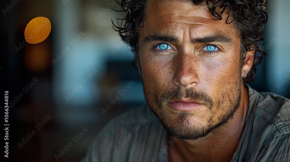 Intense Gaze: A Close-Up Portrait of a Man with Blue Eyes Intense Gaze: A Close-Up Portrait of a Man with Blue Eyes