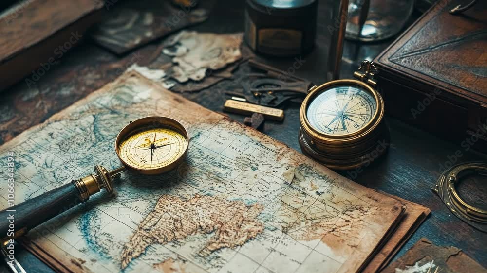 Antique compass and old map on a wooden surface. Antique compass and old map on a wooden surface.