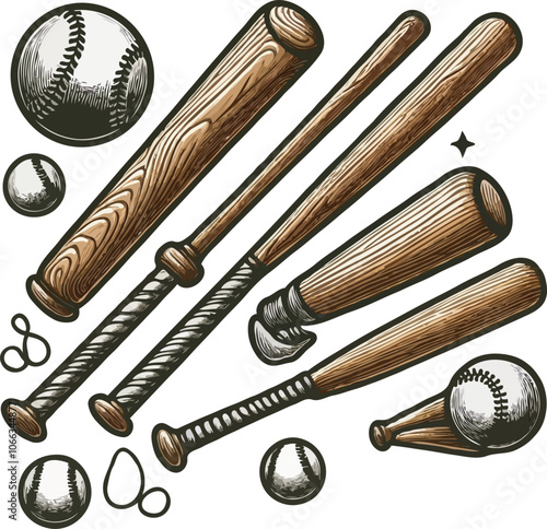 Rustic Baseball Bats and Ball Decorative Graphics Collection