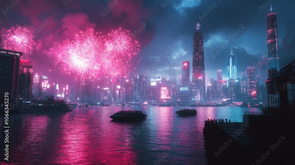 Nighttime cityscape with fireworks and water reflections Nighttime cityscape with fireworks and water reflections