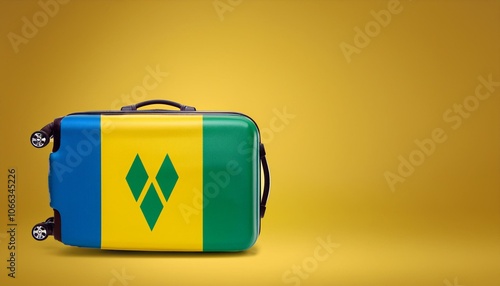 セントビンセントおよびグレナディーン諸島の国旗のスーツケース。(Saint Vincent and the Grenadines flag on a stylish suitcase and copy space.) 