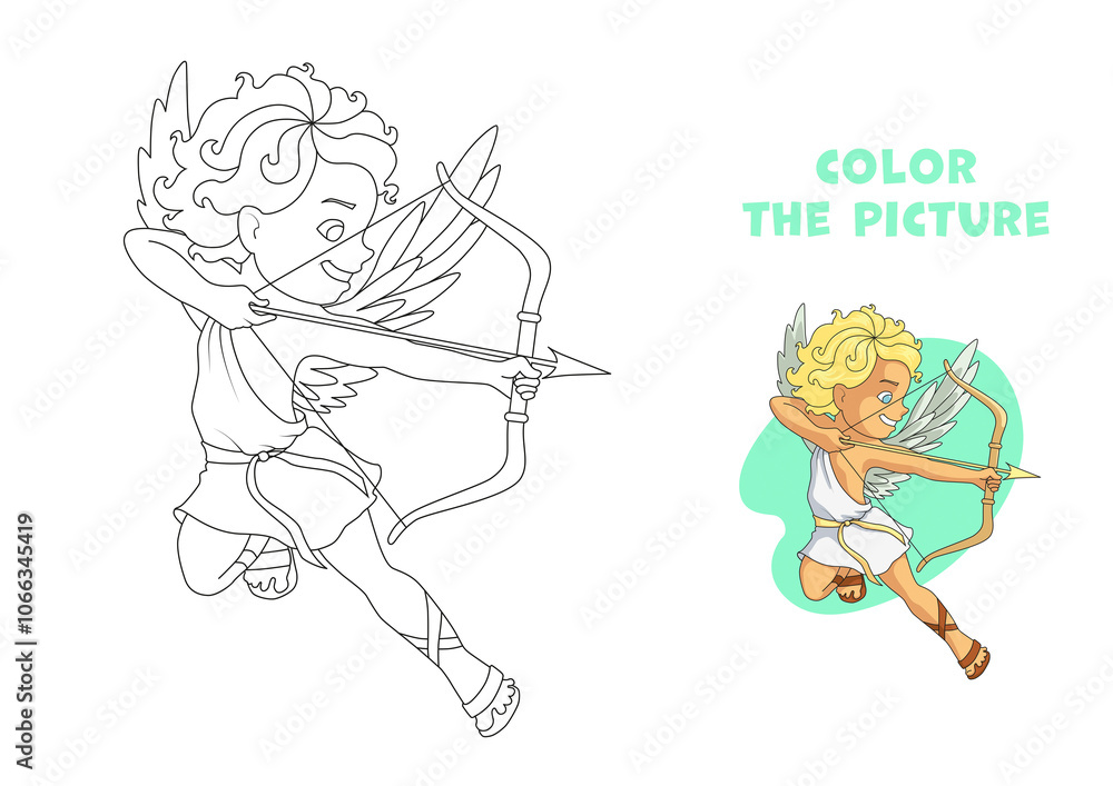 Coloring page of laughing cartoon Cupid character. Blond naughty boy draws the string of his bow, choosing a victim. Hand drawn picture for coloring with color sample for school readiness or leisure. Coloring page of laughing cartoon Cupid character. Blond naughty boy draws the string of his bow, choosing a victim. Hand drawn picture for coloring with color sample for school readiness or leisure.