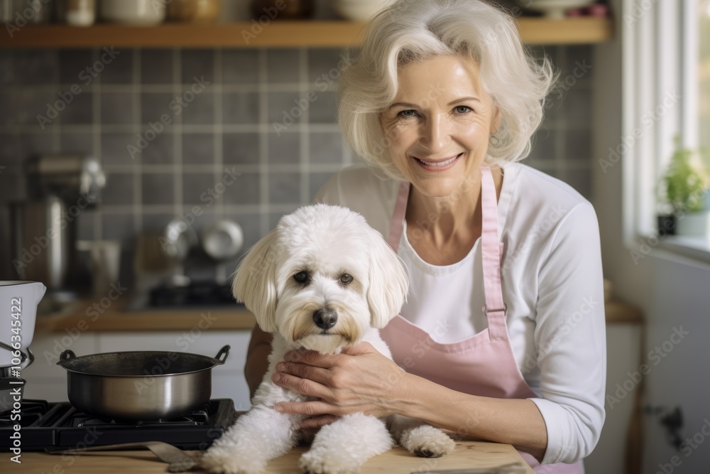 Portrait of smiling senior woman with bichon dog in kitchen Portrait of smiling senior woman with bichon dog in kitchen
