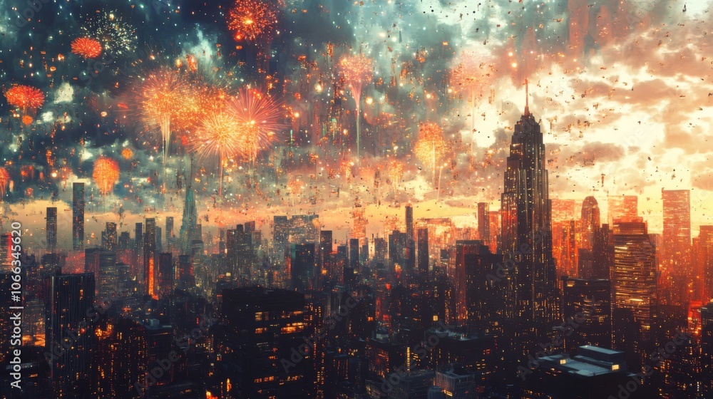 Fototapeta premium Fireworks Display over a Modern Cityscape at Night