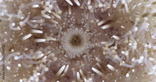 Oral side sea urchin strongylocentrotus pallidus under a microscope, phylum Echinodermata. Ambulacral legs and pedicellariae are visible, which perform function of protection from enemies and cleaning photo