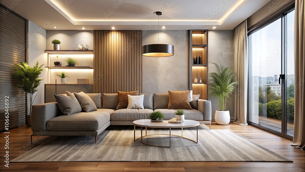 Fototapeta premium Modern Minimalist Living Room Interior with Comfortable Couch and Indirect Lighting, Stylish Design, Cozy Atmosphere, 3D Rendering of Contemporary Space, Elegant Decor, Home Interior Inspiration