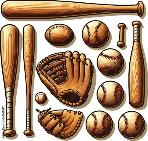 Wooden Baseball Bats and Ball Artistic Elements Graphics Set