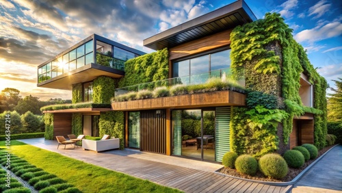 Modern Sustainable Home with Vertical Garden, Eco-Friendly Architecture, Green Living, Energy Efficiency, Innovative Design, Urban Nature, Residential Sustainability, and Biophilic Elements