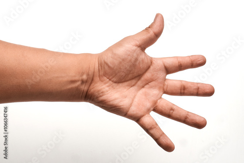 Man's hand shows five fingers isolated on white background. Sign: number five. Close up. High resolution product
 photo