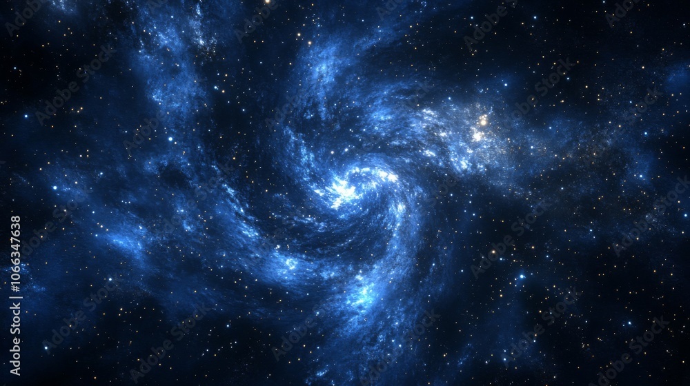 Fototapeta premium A Swirling Galaxy with Bright Blue Nebulae and Scattered Stars in a Dark Cosmic Background