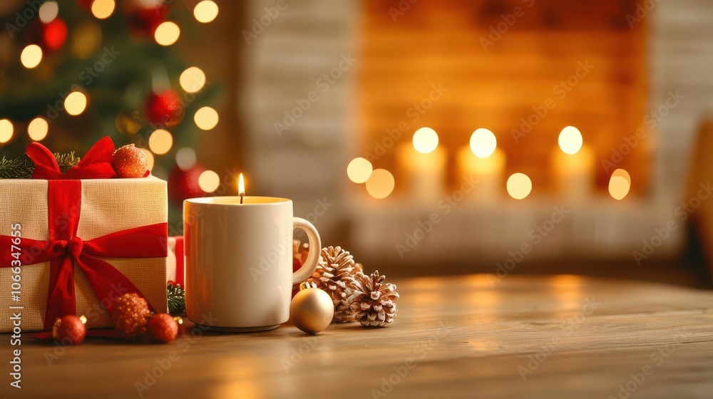A cozy holiday scene featuring a gift, a candle, and festive decorations with a beautifully lit fireplace in the background. A cozy holiday scene featuring a gift, a candle, and festive decorations with a beautifully lit fireplace in the background.
