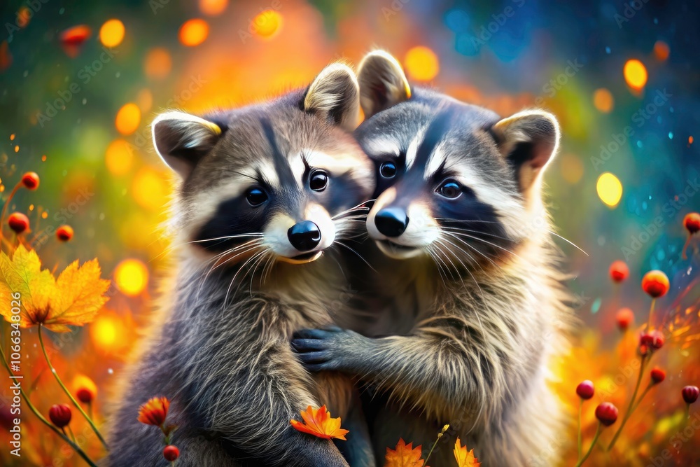 Playful Embrace: Two Raccoons in a Colorful Landscape Playful Embrace: Two Raccoons in a Colorful Landscape