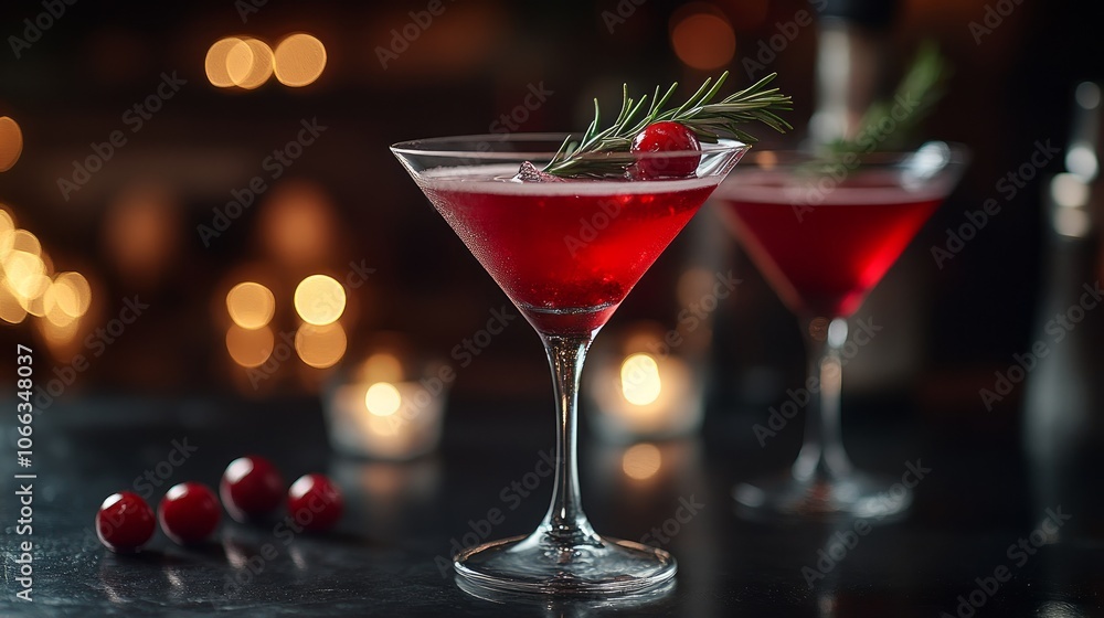 Two red cocktails with rosemary and cranberries in martini glasses on a bar counter. Two red cocktails with rosemary and cranberries in martini glasses on a bar counter.