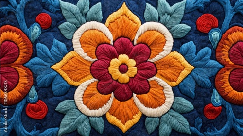 Wallpaper Mural Colorful Flower Pattern Embroidered on Blue Fabric Torontodigital.ca