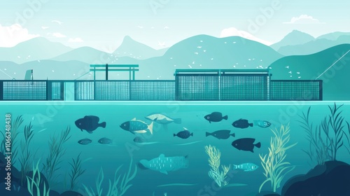 Fototapeta Naklejka Na Ścianę i Meble -  A sustainable fish farm in a clear, clean body of water, with floating cages and a responsible farming approach to preserving marine ecosystems,