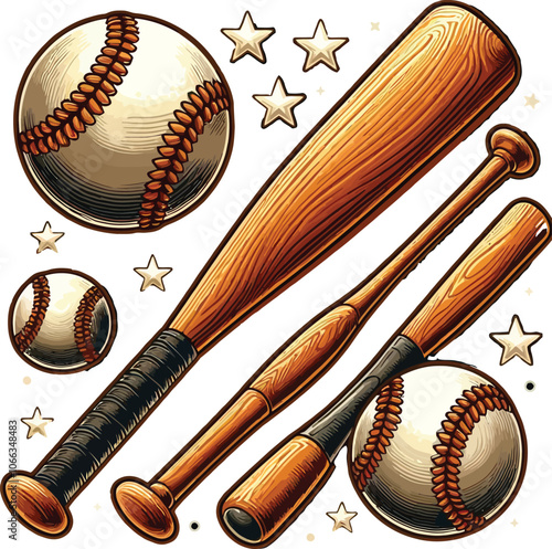 Charming Wooden Baseball Accessories Illustration Set