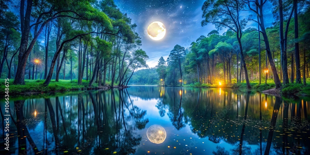 A Serene Nighttime Scene with a Full Moon Reflecting on a Still Lake Surrounded by a Canopy of Trees with a Starry Sky Above A Serene Nighttime Scene with a Full Moon Reflecting on a Still Lake Surrounded by a Canopy of Trees with a Starry Sky Above