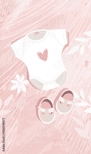 Cute baby bodysuit and newborn shoes on modern pink background, pregnancy, motherhood and childhood concept flat hand drawn card with place for text. Vector.