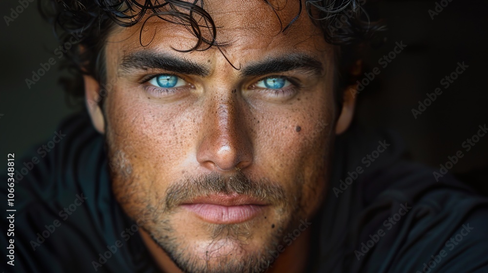 Intense Gaze: Close-Up Portrait of a Man with Blue Eyes Intense Gaze: Close-Up Portrait of a Man with Blue Eyes