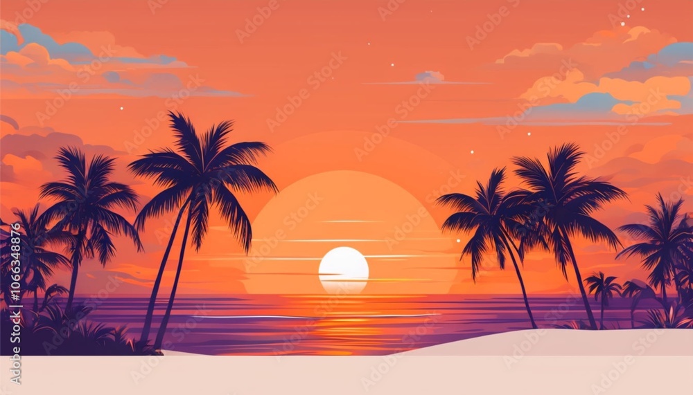 AI GENERATED Tropical beach sunset with vibrant orange and pink sky, palm trees silhouetted, and soft waves on the sand; perfect for travel-themed designs AI GENERATED Tropical beach sunset with vibrant orange and pink sky, palm trees silhouetted, and soft waves on the sand; perfect for travel-themed designs