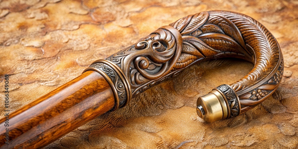 Intricate Carving of a Wooden Walking Stick, Adorned with Detailed Floral Patterns and a Polished Brass Tip, Resting on a Rustic Wooden Surface Intricate Carving of a Wooden Walking Stick, Adorned with Detailed Floral Patterns and a Polished Brass Tip, Resting on a Rustic Wooden Surface