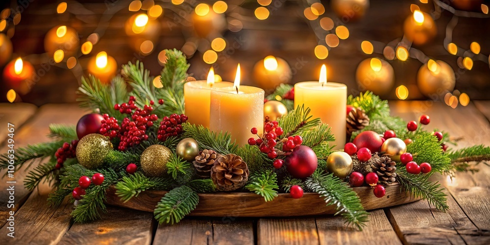 A festive centerpiece with glowing candles surrounded by evergreen boughs, red berries, and golden ornaments on a rustic wooden table A festive centerpiece with glowing candles surrounded by evergreen boughs, red berries, and golden ornaments on a rustic wooden table