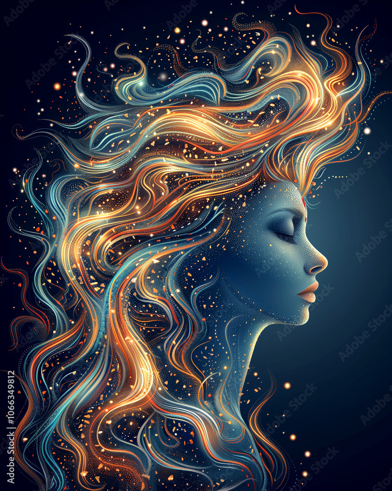 A woman with long, colorful hair is the main focus of the image. The hair is a mix of blue and orange, creating a vibrant and eye-catching look. The woman's face is also colorful A woman with long, colorful hair is the main focus of the image. The hair is a mix of blue and orange, creating a vibrant and eye-catching look. The woman's face is also colorful