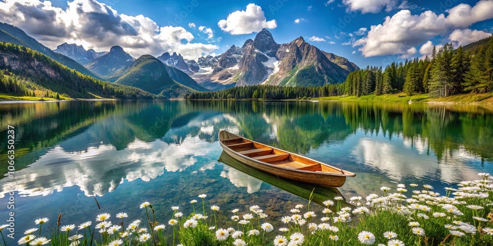 Tranquil Reflection of a Wooden Boat on a Serene Mountain Lake, Surrounded by Lush Greenery and Delicate White Flowers Tranquil Reflection of a Wooden Boat on a Serene Mountain Lake, Surrounded by Lush Greenery and Delicate White Flowers