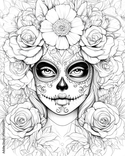 A woman with a skull on her face and flowers in her hair. The flowers are roses and the skull is decorated with crosses. The image has a dark and eerie mood