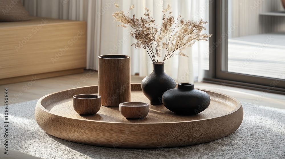 Wooden tray with vases and bowls on a white rug, in a minimal style interior. Wooden tray with vases and bowls on a white rug, in a minimal style interior.