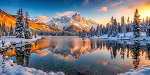 A serene winter landscape, showcasing a pristine lake mirroring the snow-capped mountain peaks beneath a vibrant sunrise sky.