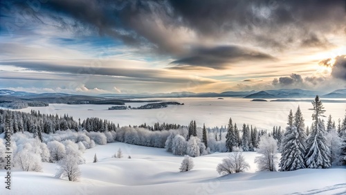 Wallpaper Mural A snowy landscape bathed in the soft light of a winter sunrise, with frost-covered trees and rolling hills, showcasing the beauty of nature's quietude Torontodigital.ca
