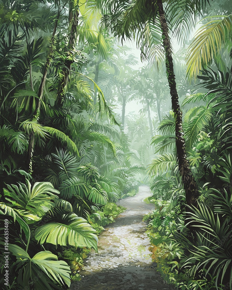 Naklejka premium Lush tropical road winding through rainforest, morning mist, sunbeams through canopy