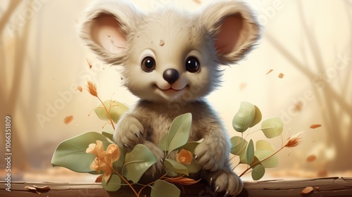 Adorable cartoon koala with big eyes and a smile, sitting on a log in a forest setting. photo