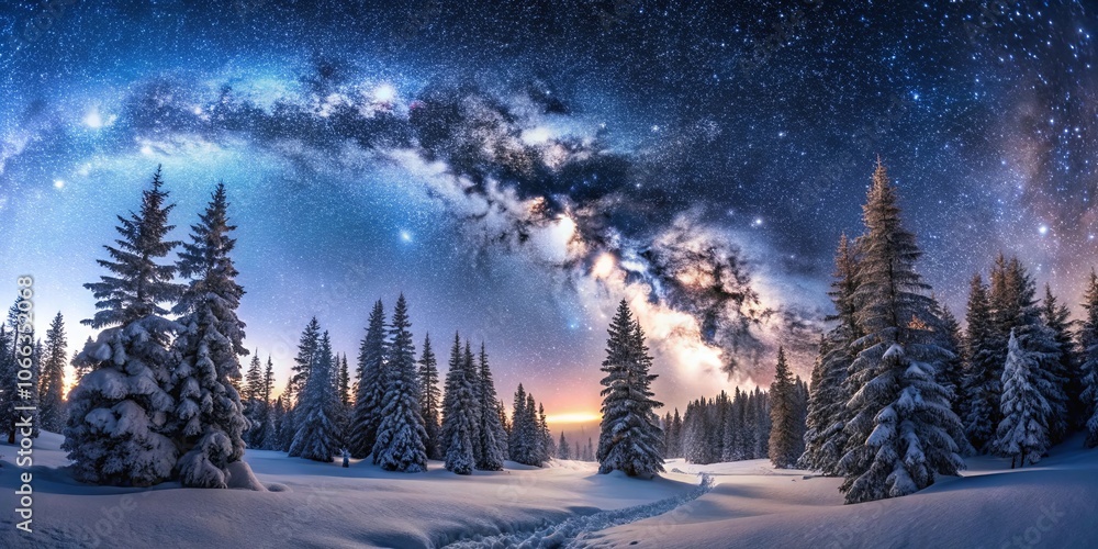 A Snow-Covered Forest Silhouetted Against a Starry Night Sky with the Milky Way Galaxy Gleaming Overhead
