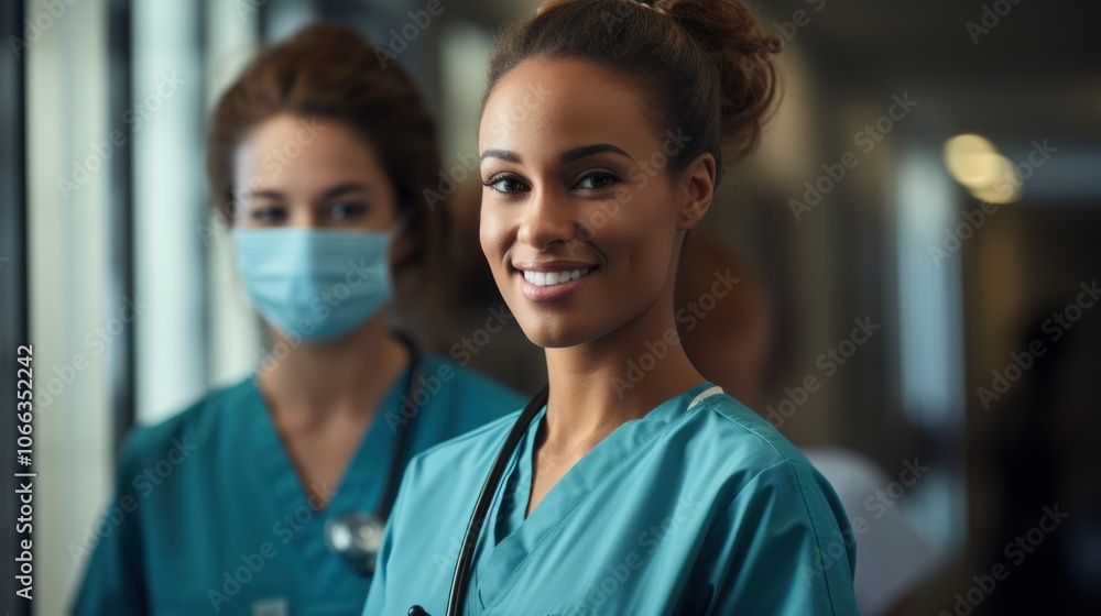 Two female doctors smiling, one in a blue scrubs, the other in a blue scrubs and a face mask, in a hospital hallway. Two female doctors smiling, one in a blue scrubs, the other in a blue scrubs and a face mask, in a hospital hallway.