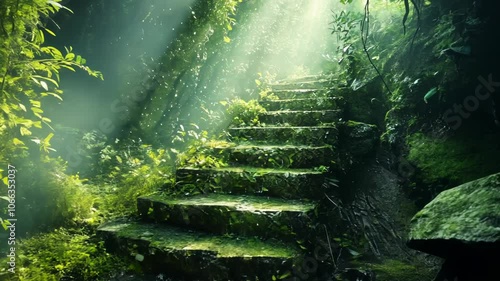 Sunbeams illuminate a mystical stone staircase leading up through lush greenery.