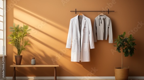 Wallpaper Mural A white lab coat and a grey hoodie hang on a rack on a brown wall. A potted plant sits on the left side of the frame and another on the right. Sunlight streams through the window. Torontodigital.ca