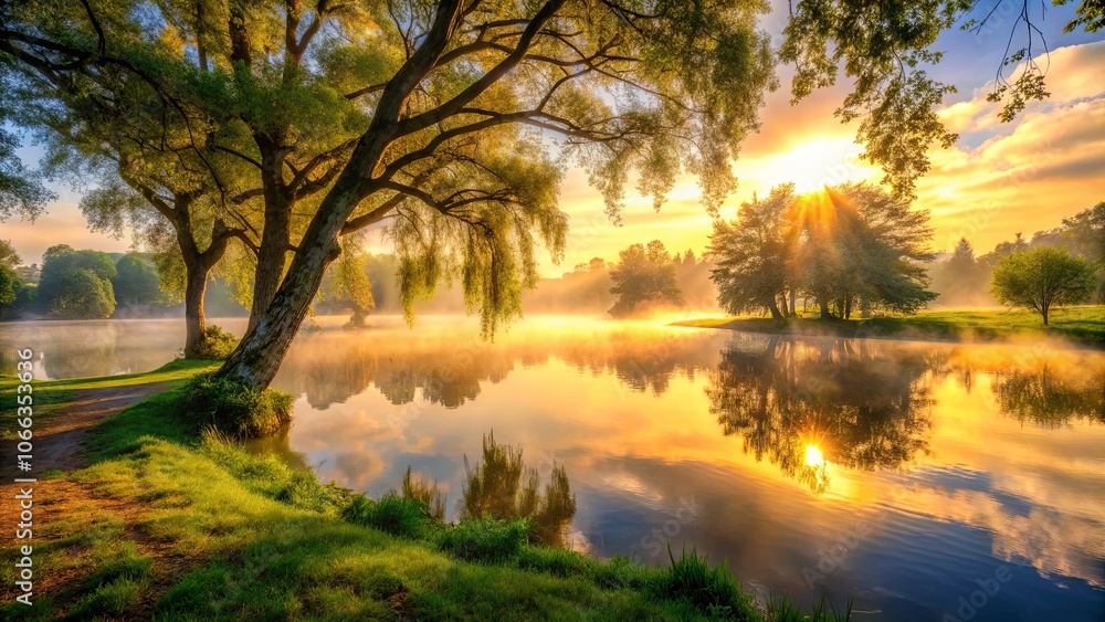 Obraz premium Golden Sunlight Illuminates a Serene Riverbank, Embracing a Misty Morning with the Promise of a Day Filled with Tranquility