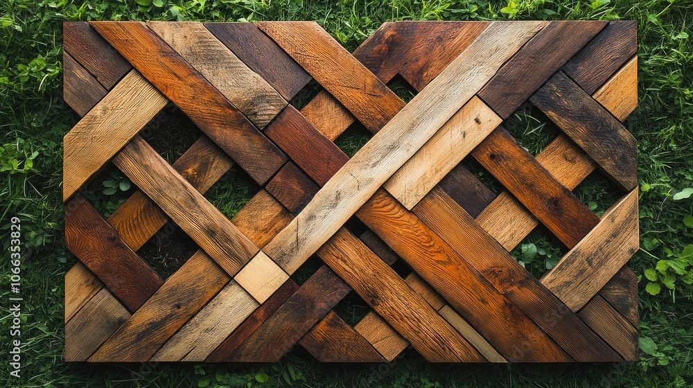 A rectangular wooden latticework design made from various wood species, arranged in a woven pattern, on a green grass background. A rectangular wooden latticework design made from various wood species, arranged in a woven pattern, on a green grass background.