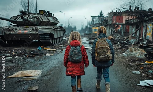 Two children walking through a war-torn landscape near a tank.