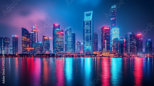 Nighttime View of Illuminated Skyscrapers Reflected in Water