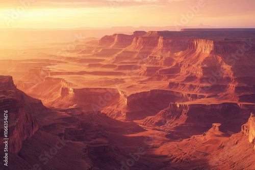 A vast desert canyon landscape with layered rock formations, glowing in the soft light of sunrise. 