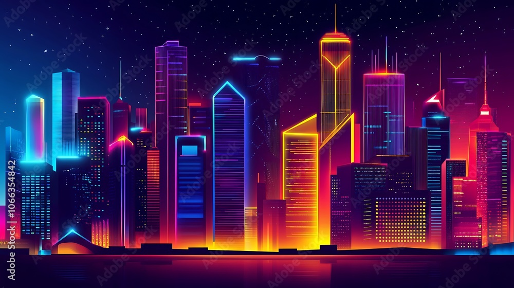 A vibrant cityscape with glowing neon skyscrapers at night A vibrant cityscape with glowing neon skyscrapers at night