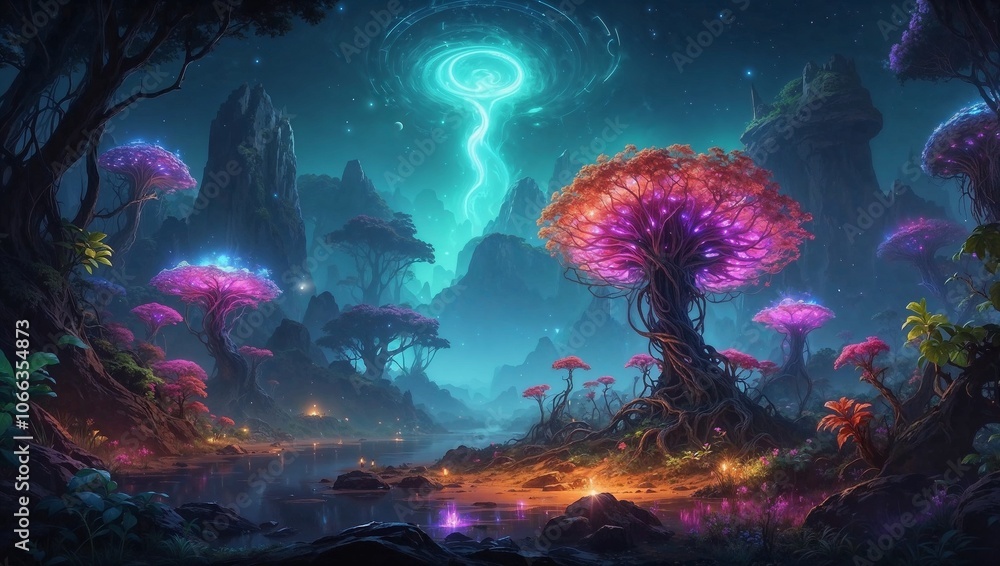 Alien landscape with glowing trees and vibrant colors on a distant planet
Alien landscape with glowing trees and vibrant colors on a distant planet