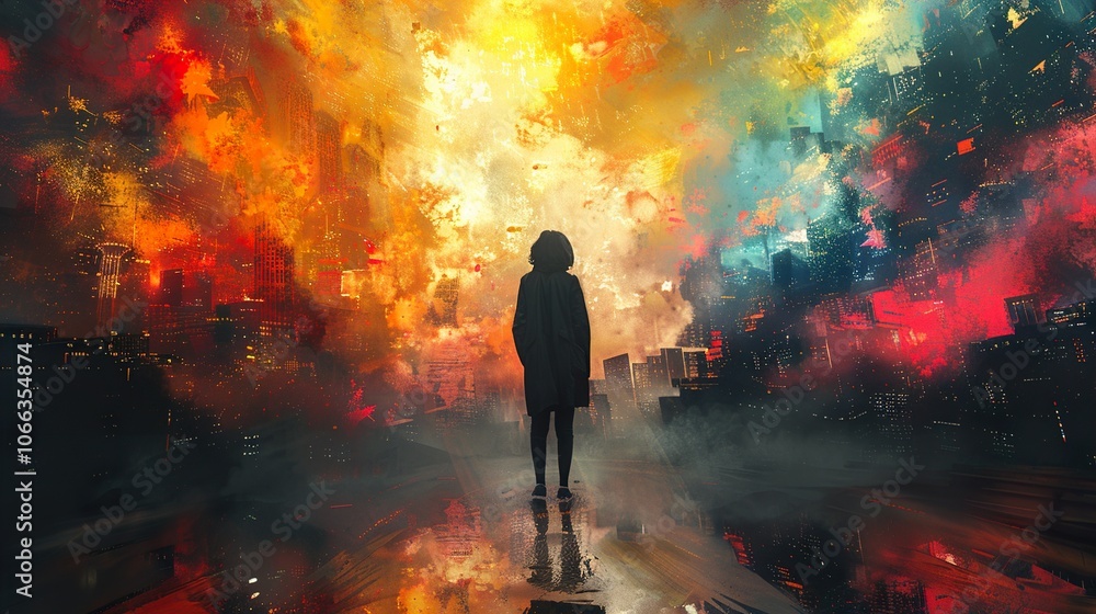 A Solitary Figure Contemplates the Cityscape in a Dreamlike Setting A Solitary Figure Contemplates the Cityscape in a Dreamlike Setting